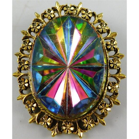 7/768 Vintage Watermelon Vitrail Glass Intaglio Brooch / Pin 2 inches - Picture 1 of 4